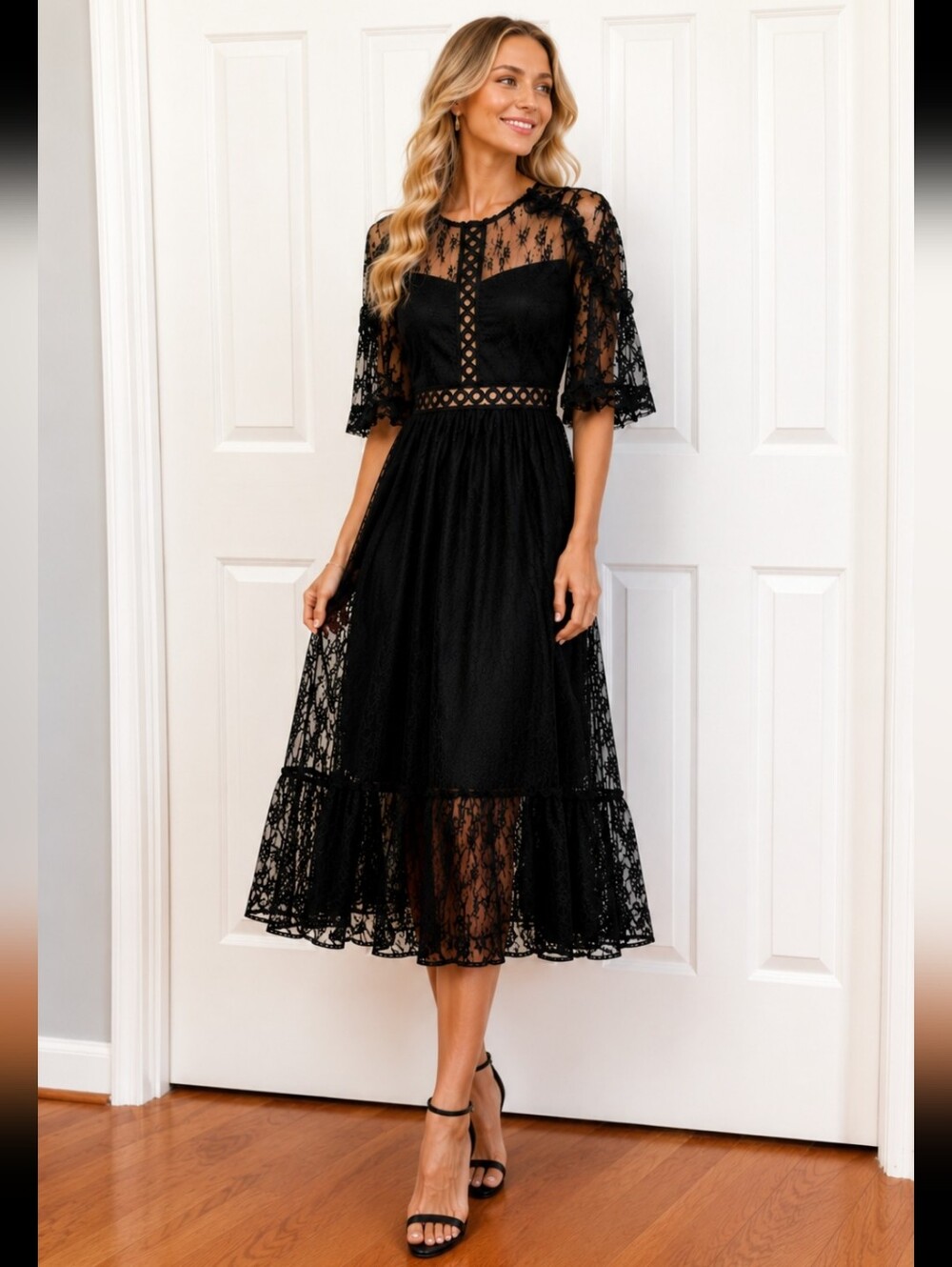 INA Black Lace Midi Dress Boho Western Goth Festival Sheer Overlay Romantic  M